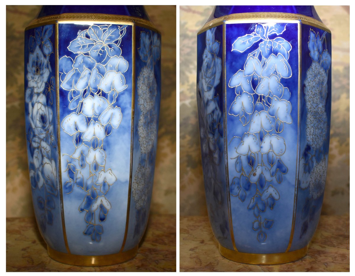 Limoges Porcelain Vase By P. Pastaud, In Shades Of Blue, With Gold Inlay On A Blue Fired Finish -photo-3