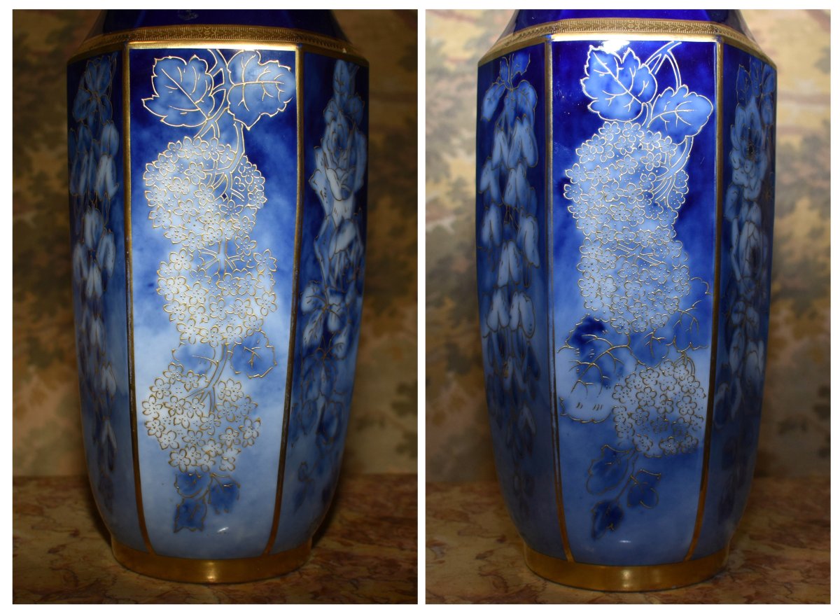 Limoges Porcelain Vase By P. Pastaud, In Shades Of Blue, With Gold Inlay On A Blue Fired Finish -photo-4