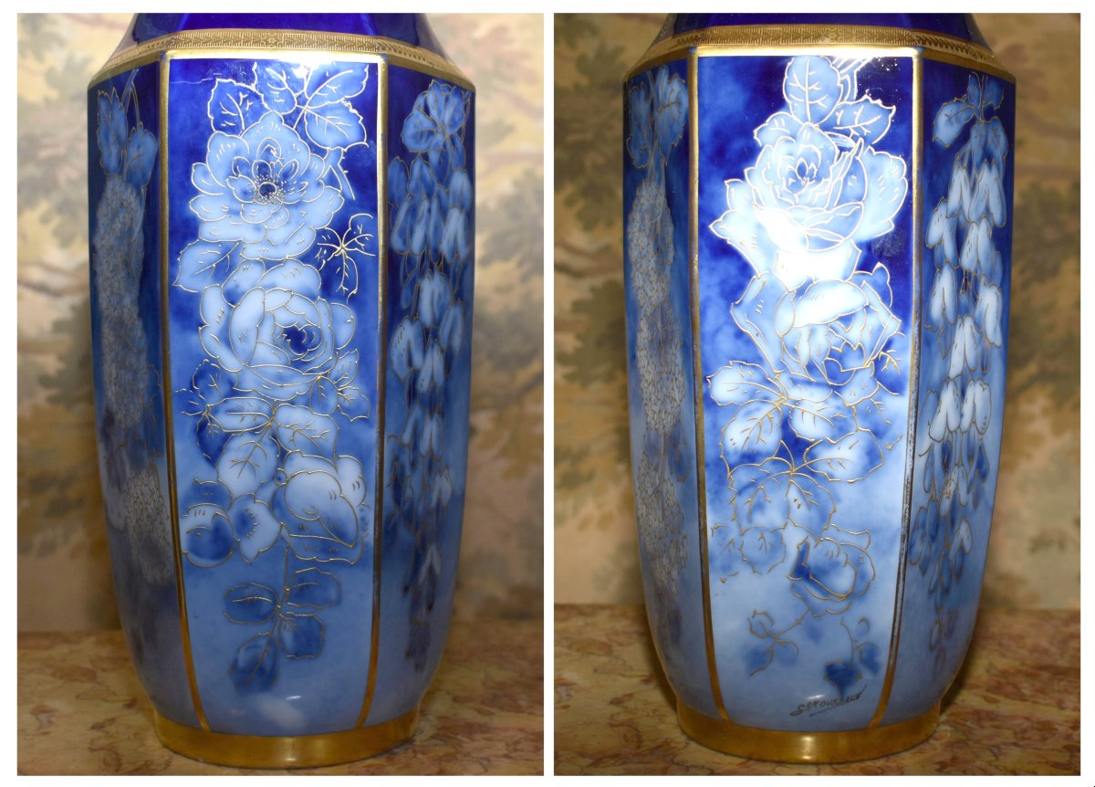 Limoges Porcelain Vase By P. Pastaud, In Shades Of Blue, With Gold Inlay On A Blue Fired Finish -photo-5