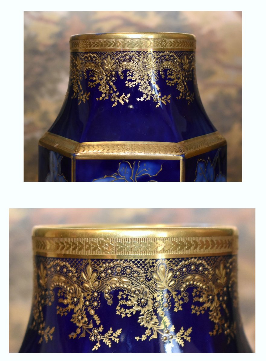Limoges Porcelain Vase By P. Pastaud, In Shades Of Blue, With Gold Inlay On A Blue Fired Finish -photo-7