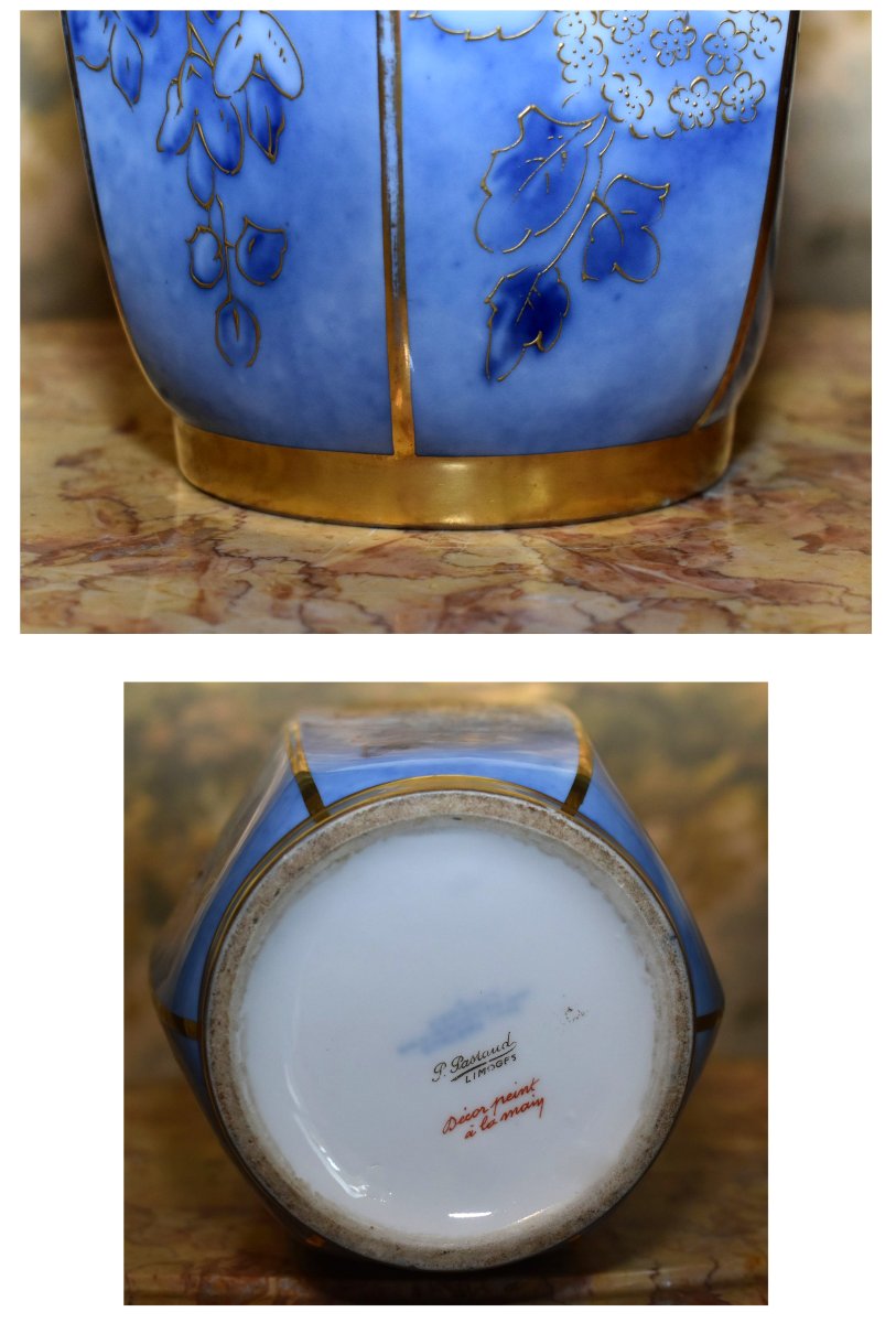 Limoges Porcelain Vase By P. Pastaud, In Shades Of Blue, With Gold Inlay On A Blue Fired Finish -photo-8