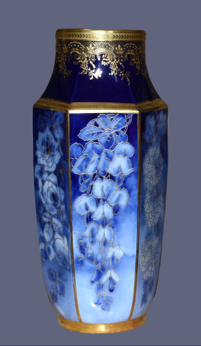 Limoges Porcelain Vase By P. Pastaud, In Shades Of Blue, With Gold Inlay On A Blue Fired Finish 