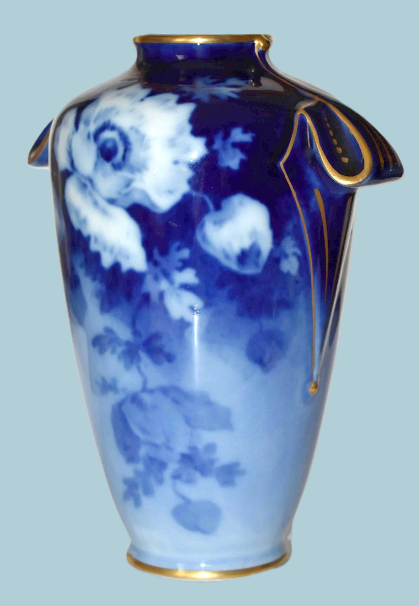 Poujol, Limoges Porcelain Vase, Roses In Shades Of Blue -photo-2