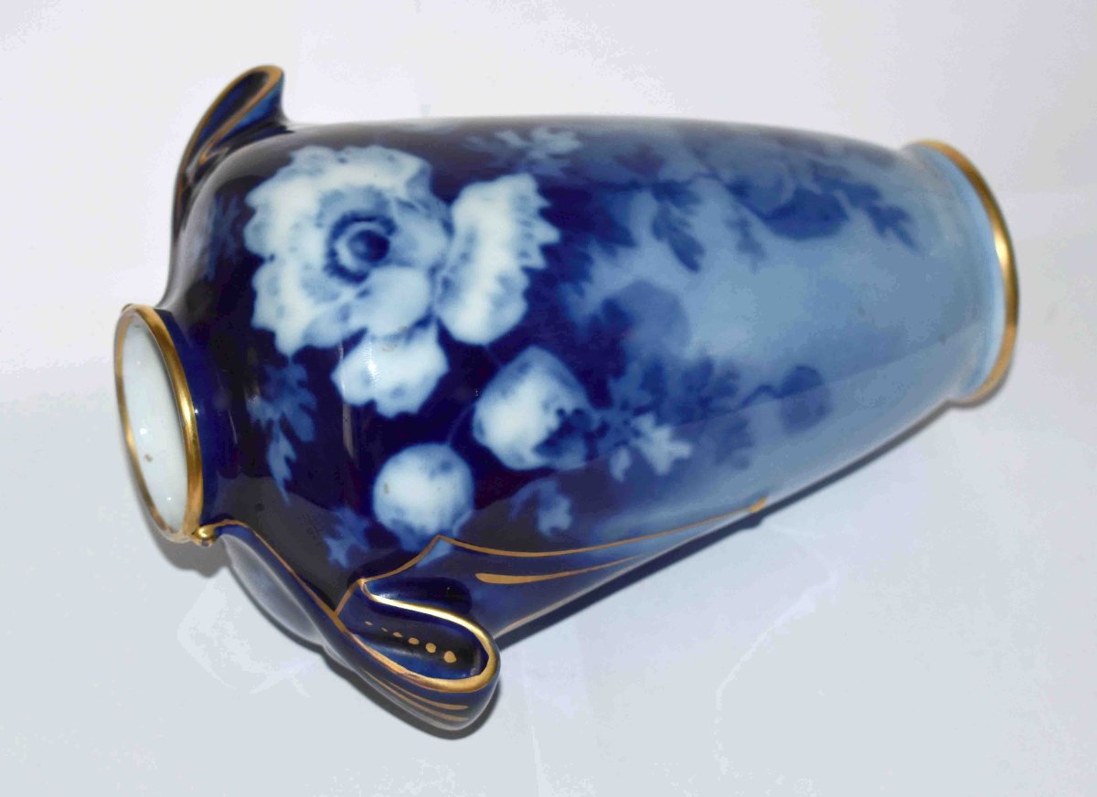 Poujol, Limoges Porcelain Vase, Roses In Shades Of Blue -photo-1