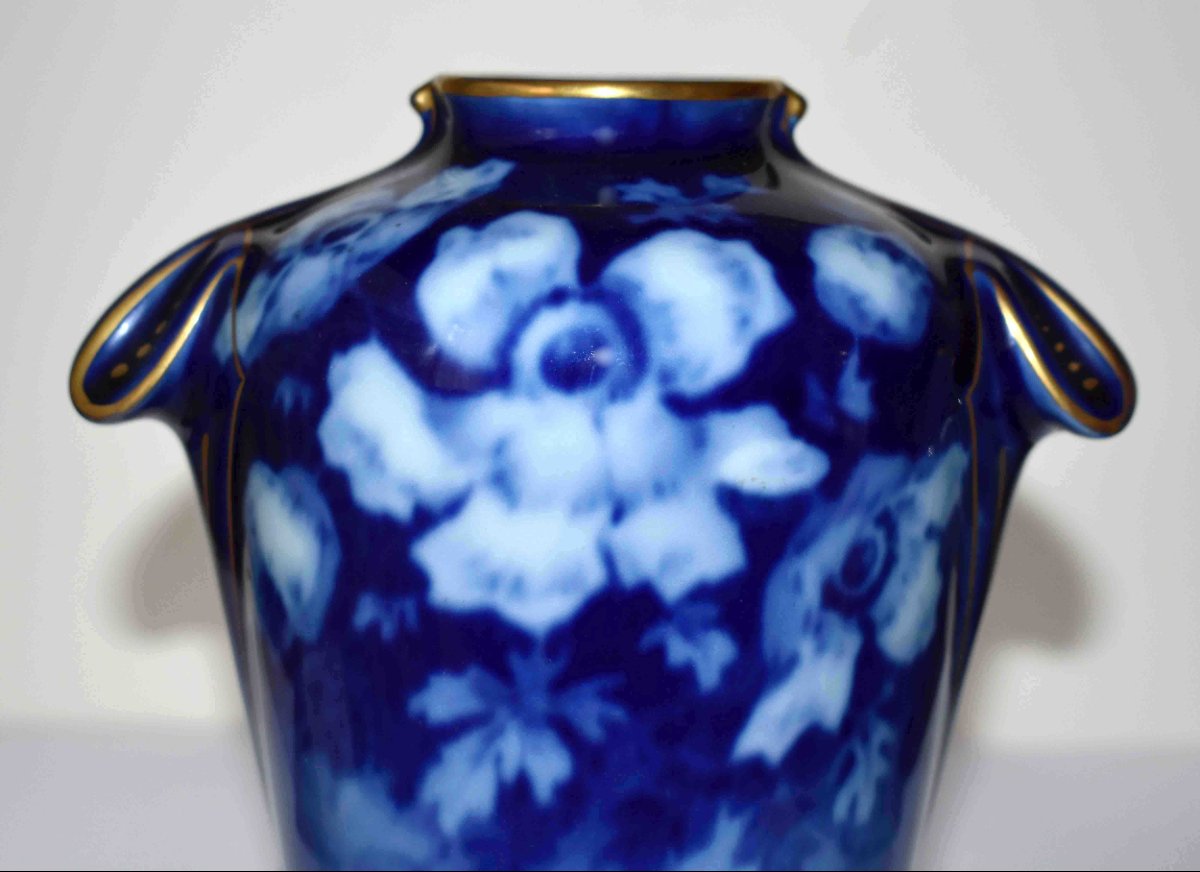 Poujol, Limoges Porcelain Vase, Roses In Shades Of Blue -photo-2