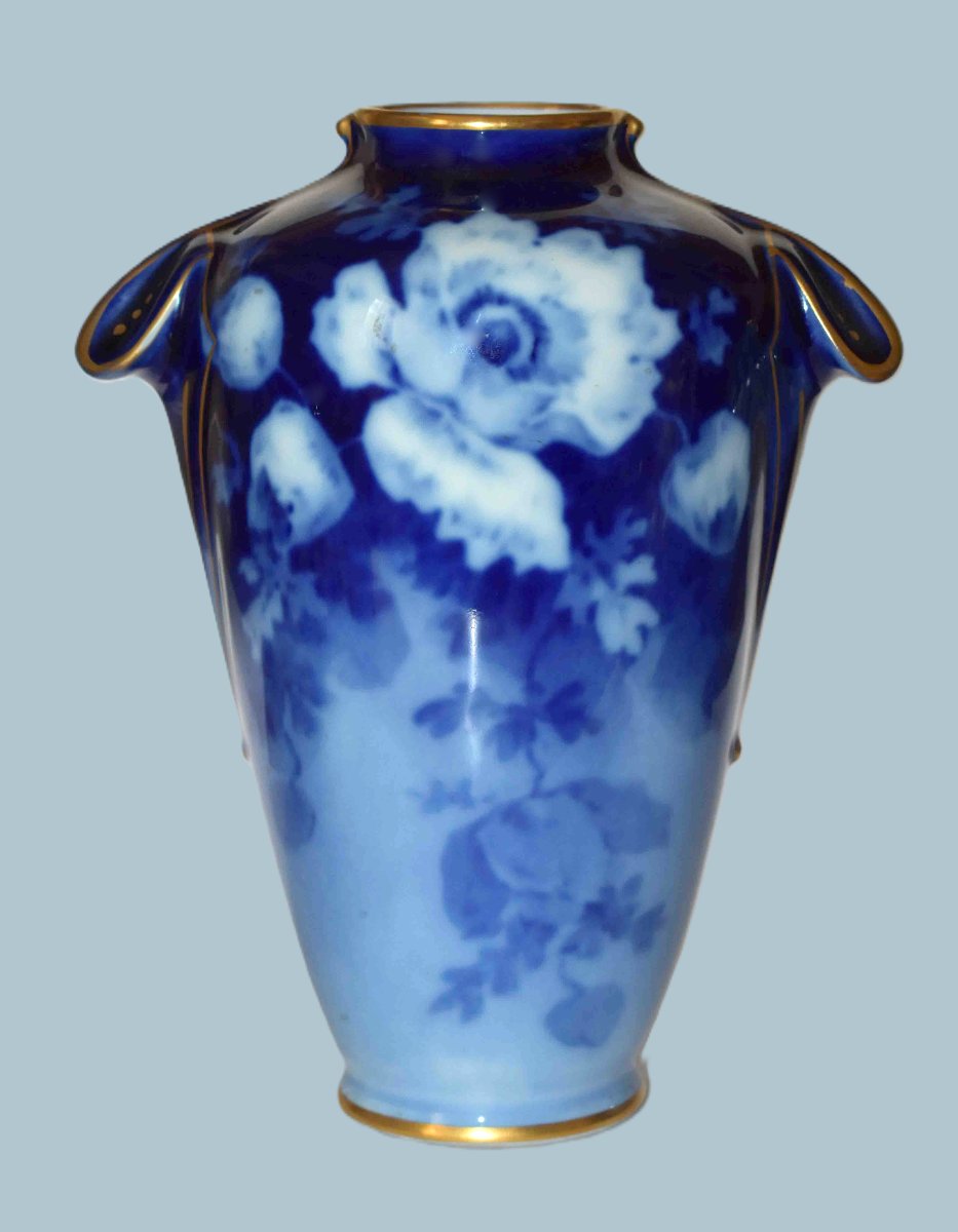 Poujol, Limoges Porcelain Vase, Roses In Shades Of Blue 