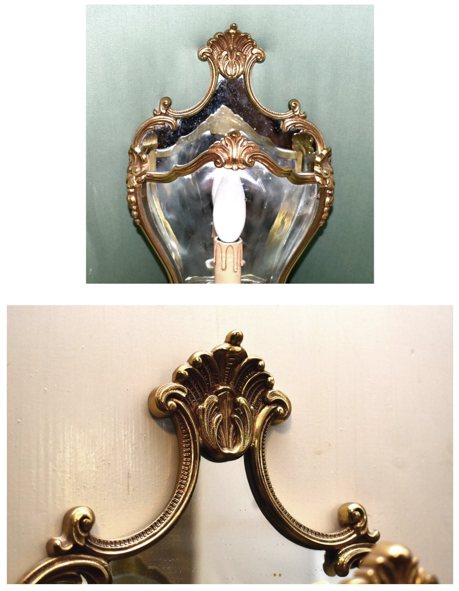 Applique De Style Louis XV  En Bronze , Verres Bombés Et Fond Miroir, Décor Coquilles Rocaille-photo-3