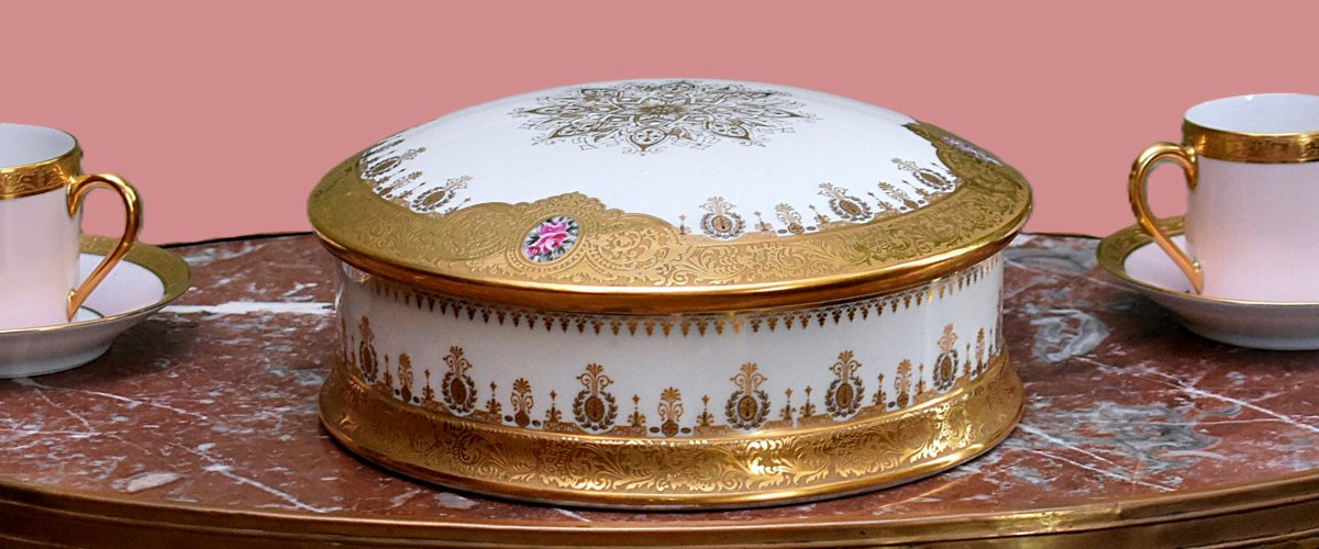 Large Hand-painted Gift Set, Limoges Porcelain Box, Double Gold Inlay Candy Box-photo-3