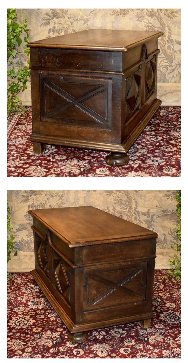 Small Louis XIII-style Chest In Walnut, With Diamond-point Decor And Ball-shaped Feet.-photo-2