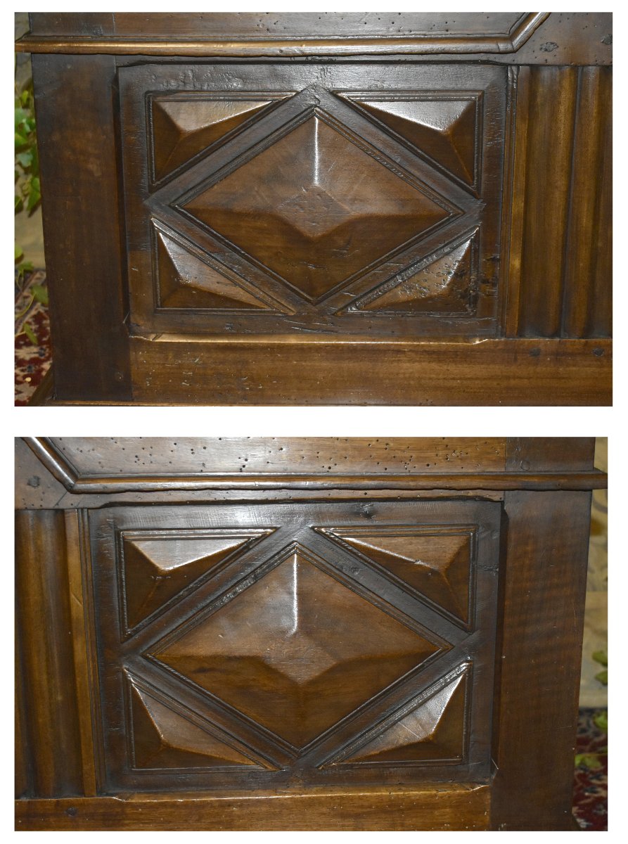 Small Louis XIII-style Chest In Walnut, With Diamond-point Decor And Ball-shaped Feet.-photo-3