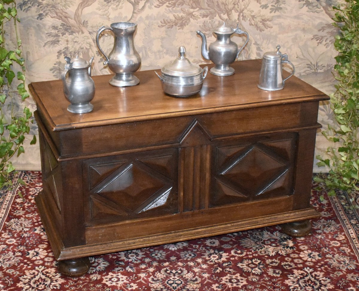 Small Louis XIII-style Chest In Walnut, With Diamond-point Decor And Ball-shaped Feet.