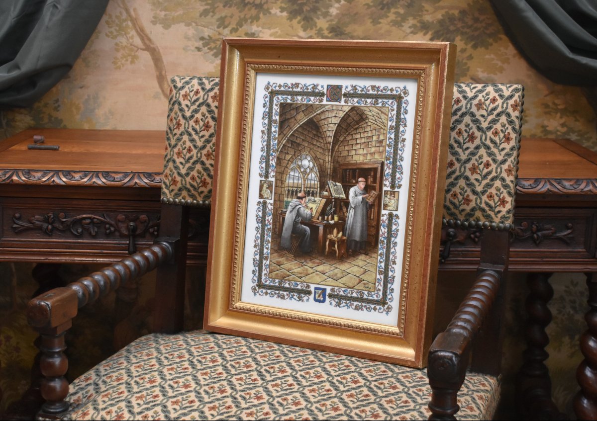 Pierre Hugo, Hand-painted Porcelain Plaque, Scriptorium, Monks, Middle Ages, Illumination-photo-2