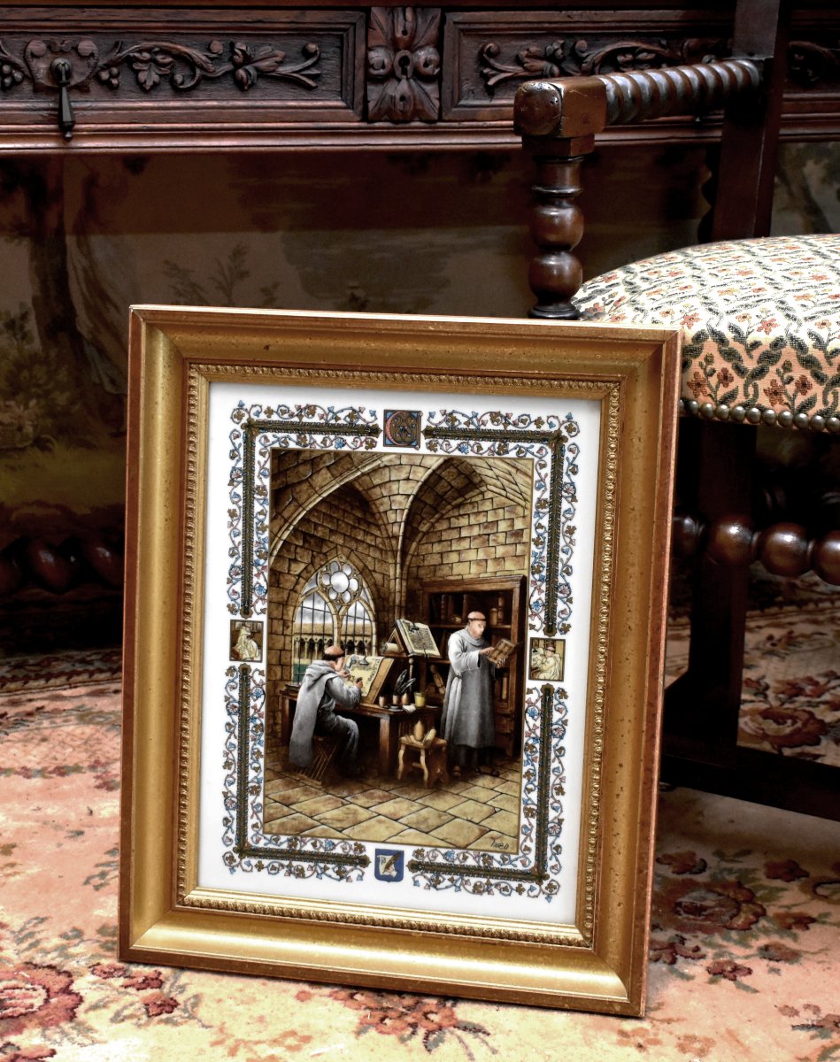 Pierre Hugo, Hand-painted Porcelain Plaque, Scriptorium, Monks, Middle Ages, Illumination-photo-3