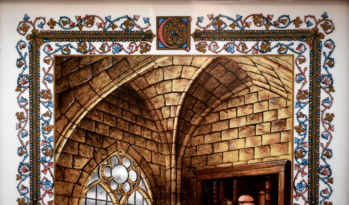 Pierre Hugo, Hand-painted Porcelain Plaque, Scriptorium, Monks, Middle Ages, Illumination-photo-4