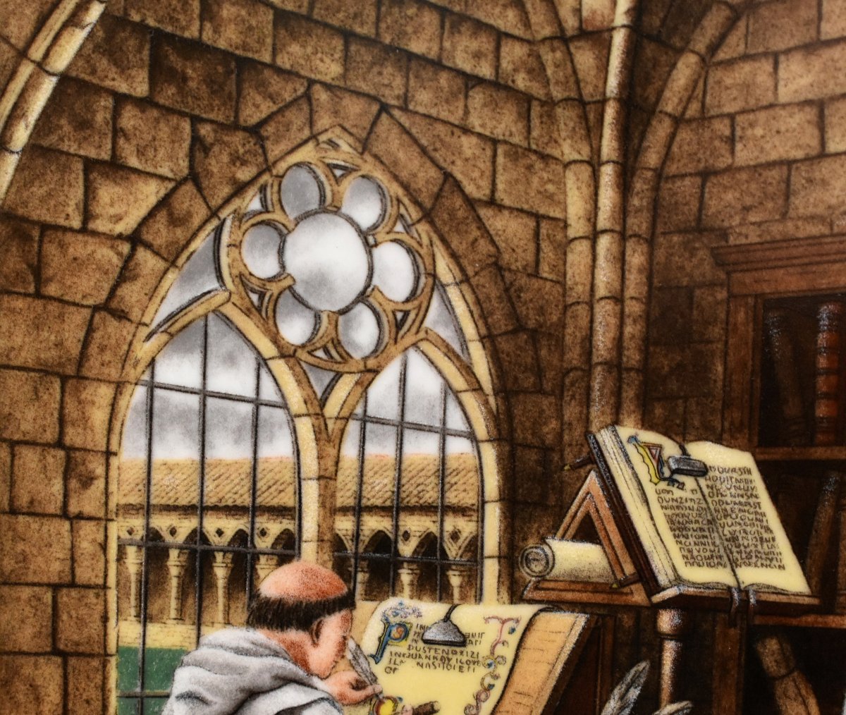 Pierre Hugo, Hand-painted Porcelain Plaque, Scriptorium, Monks, Middle Ages, Illumination-photo-1
