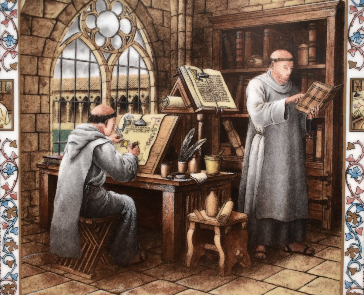 Pierre Hugo, Hand-painted Porcelain Plaque, Scriptorium, Monks, Middle Ages, Illumination-photo-2