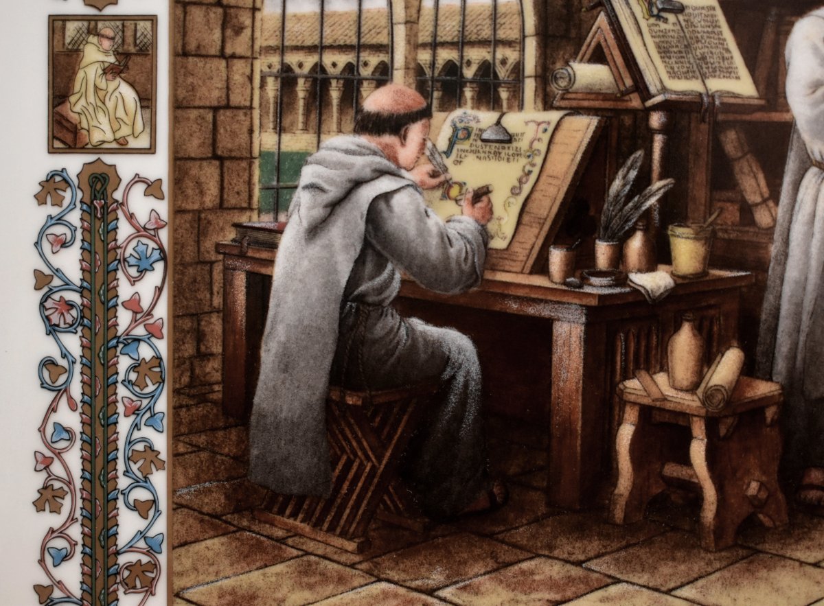 Pierre Hugo, Hand-painted Porcelain Plaque, Scriptorium, Monks, Middle Ages, Illumination-photo-3