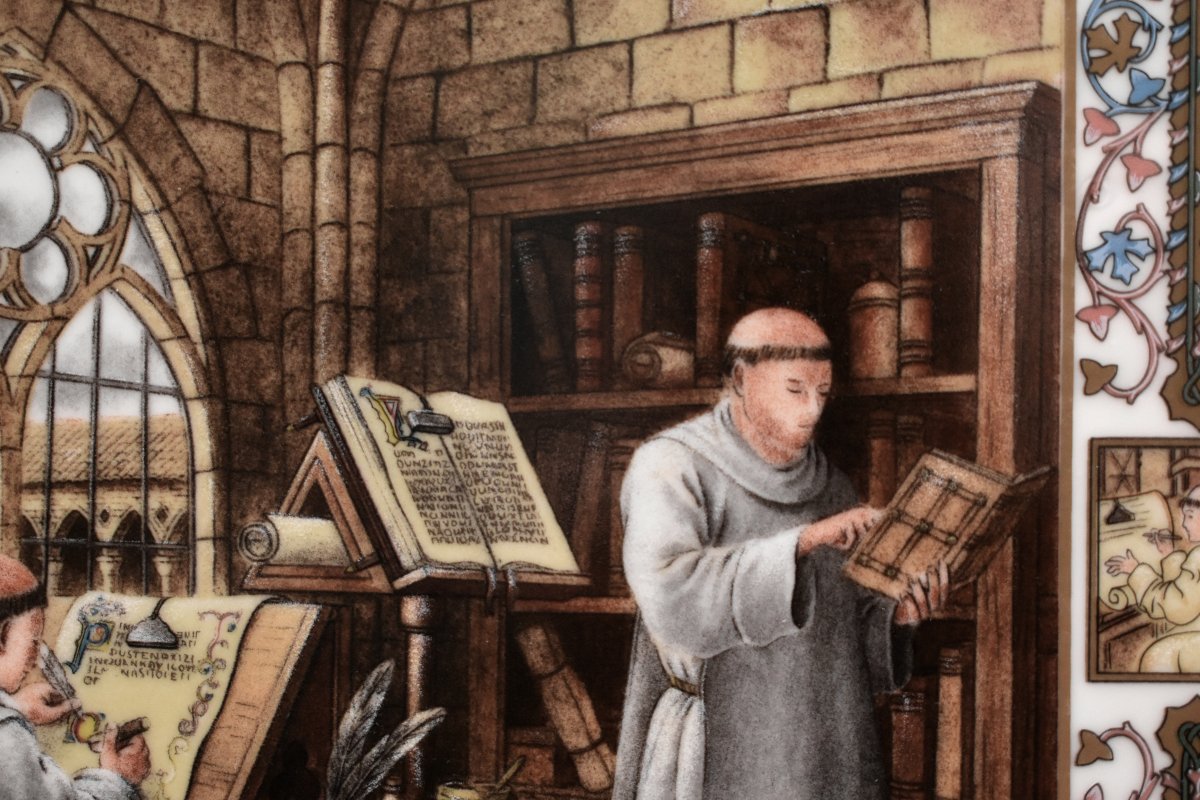Pierre Hugo, Hand-painted Porcelain Plaque, Scriptorium, Monks, Middle Ages, Illumination-photo-4