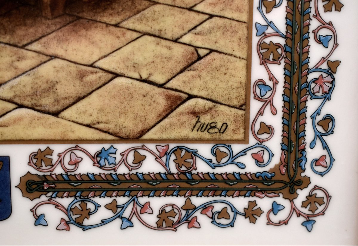 Pierre Hugo, Hand-painted Porcelain Plaque, Scriptorium, Monks, Middle Ages, Illumination-photo-7