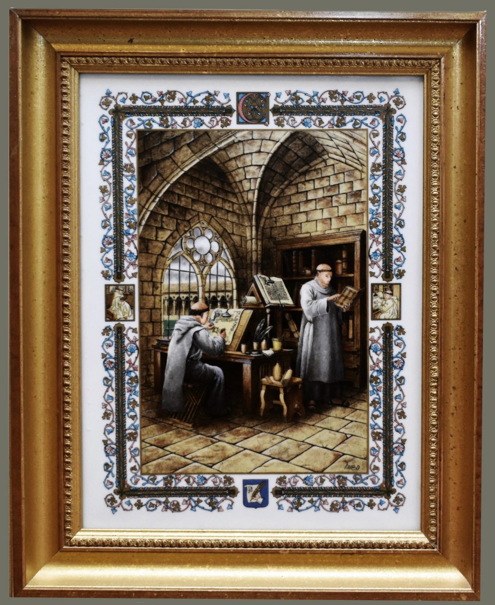 Pierre Hugo, Hand-painted Porcelain Plaque, Scriptorium, Monks, Middle Ages, Illumination