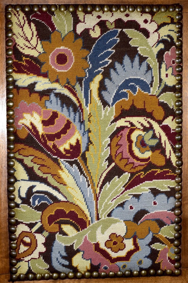 Grand  Fauteuil En Noyer De Style Renaissance  , Siège  XIXe d'Apparat Tissu  aux Petits Points-photo-3