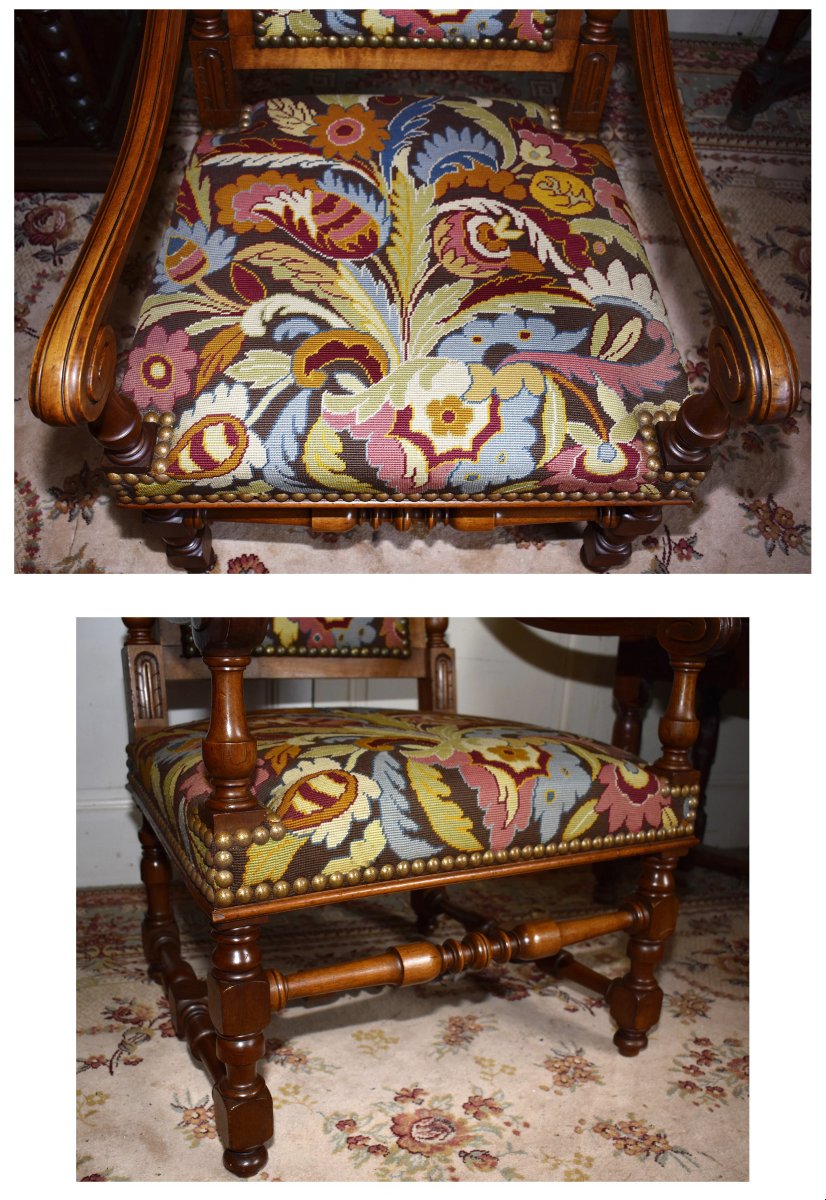 Grand  Fauteuil En Noyer De Style Renaissance  , Siège  XIXe d'Apparat Tissu  aux Petits Points-photo-4