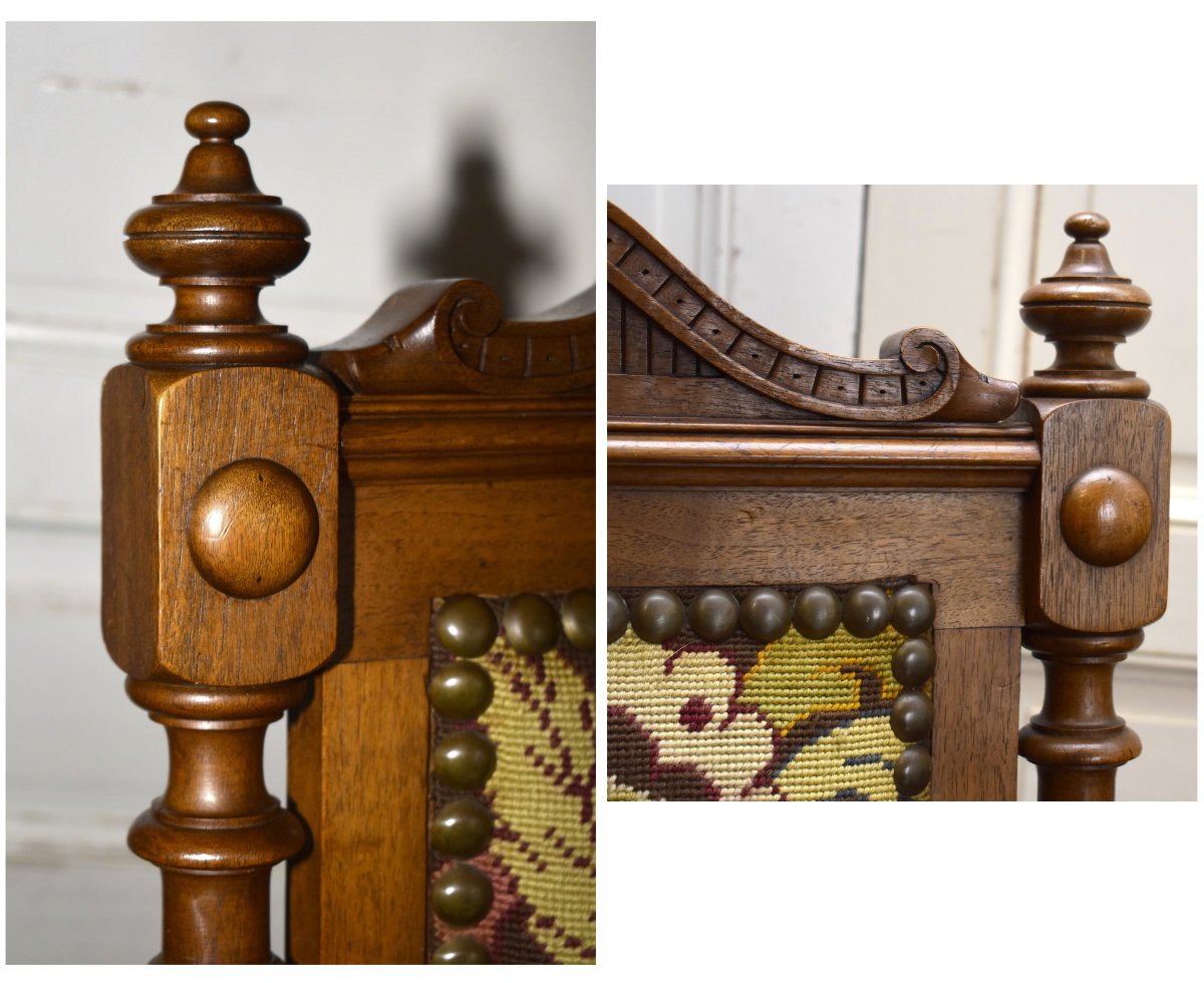 Grand  Fauteuil En Noyer De Style Renaissance  , Siège  XIXe d'Apparat Tissu  aux Petits Points-photo-6