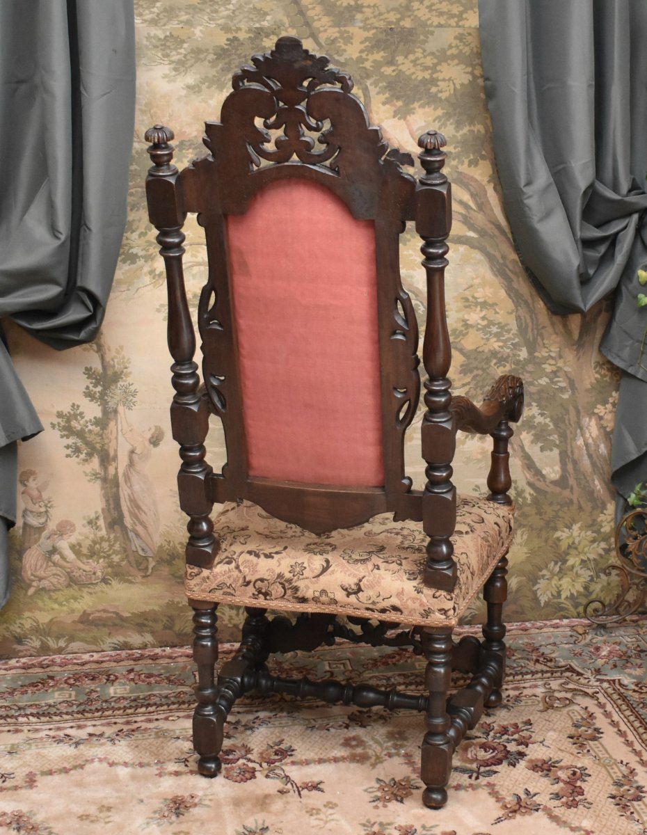 Important Ceremonial Armchair, Renaissance-louis XIII Style, Solid Walnut, 19th-century Seat-photo-3