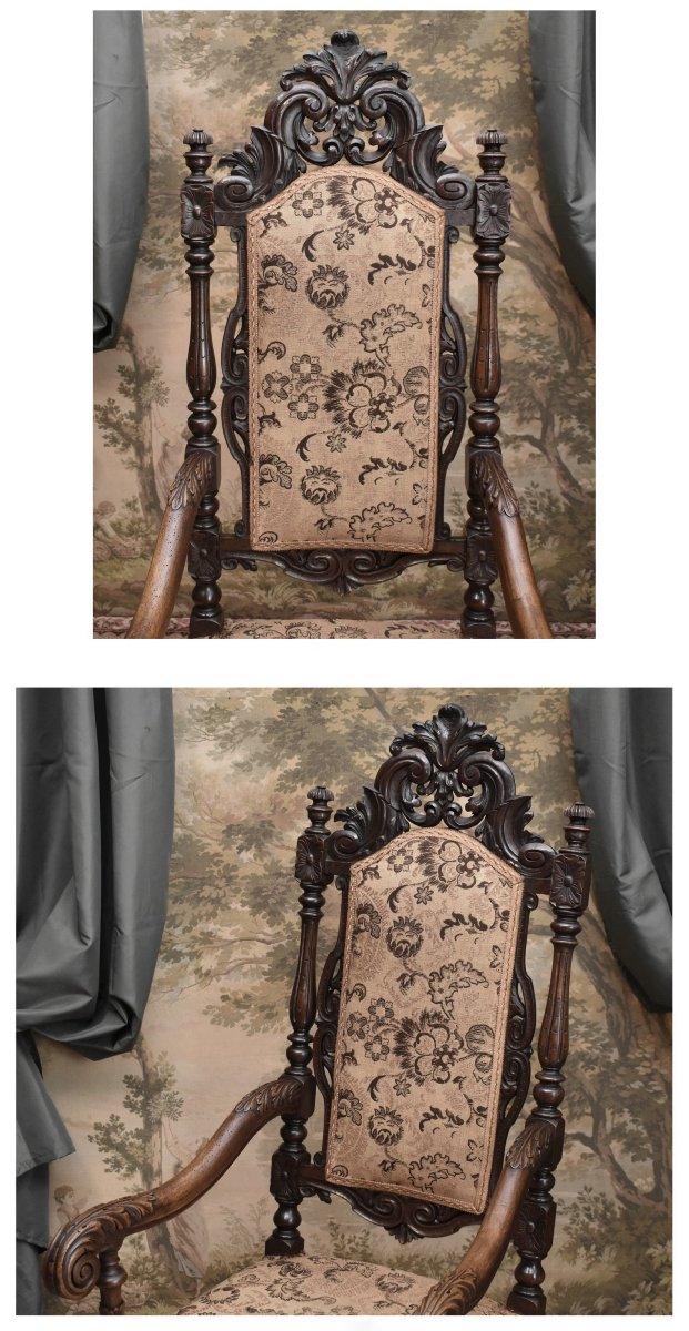 Important Ceremonial Armchair, Renaissance-louis XIII Style, Solid Walnut, 19th-century Seat-photo-4