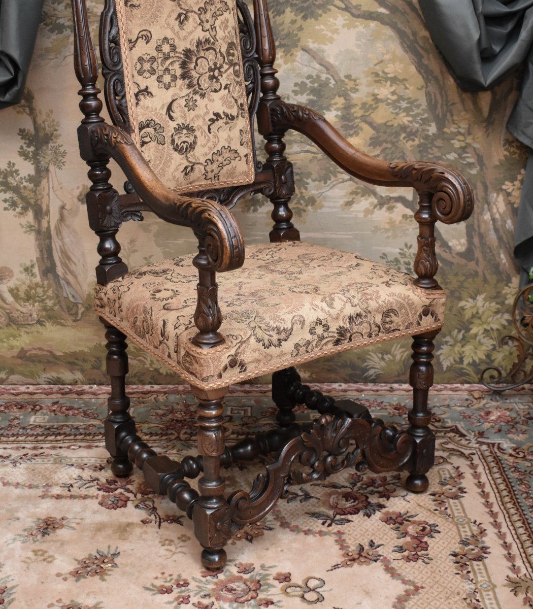 Important Ceremonial Armchair, Renaissance-louis XIII Style, Solid Walnut, 19th-century Seat-photo-1