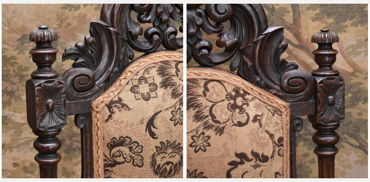 Important Ceremonial Armchair, Renaissance-louis XIII Style, Solid Walnut, 19th-century Seat-photo-2