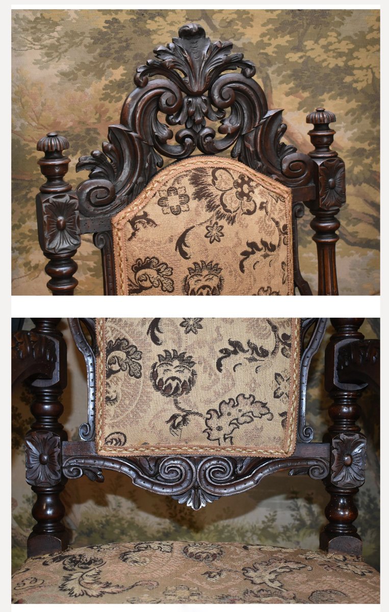 Important Ceremonial Armchair, Renaissance-louis XIII Style, Solid Walnut, 19th-century Seat-photo-3