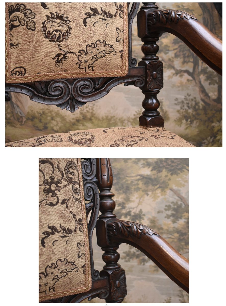 Important Ceremonial Armchair, Renaissance-louis XIII Style, Solid Walnut, 19th-century Seat-photo-4