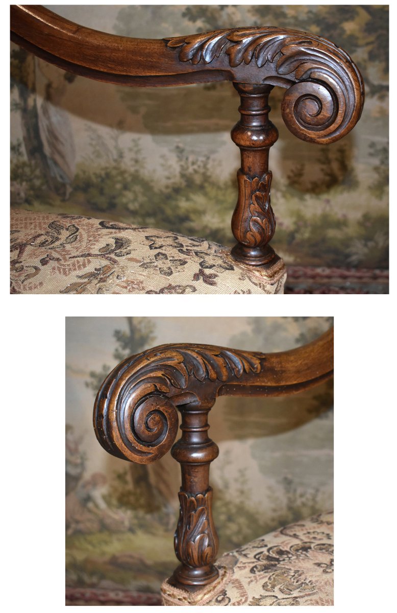 Important Ceremonial Armchair, Renaissance-louis XIII Style, Solid Walnut, 19th-century Seat-photo-5