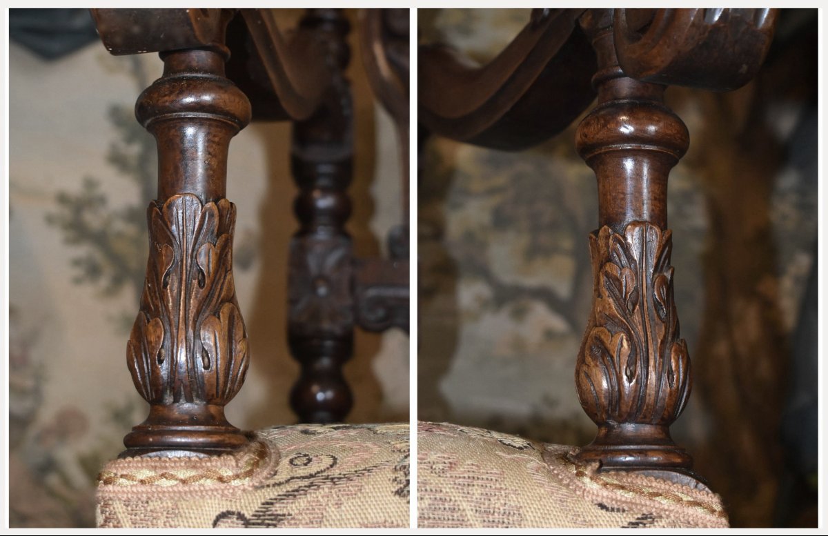 Important Ceremonial Armchair, Renaissance-louis XIII Style, Solid Walnut, 19th-century Seat-photo-7
