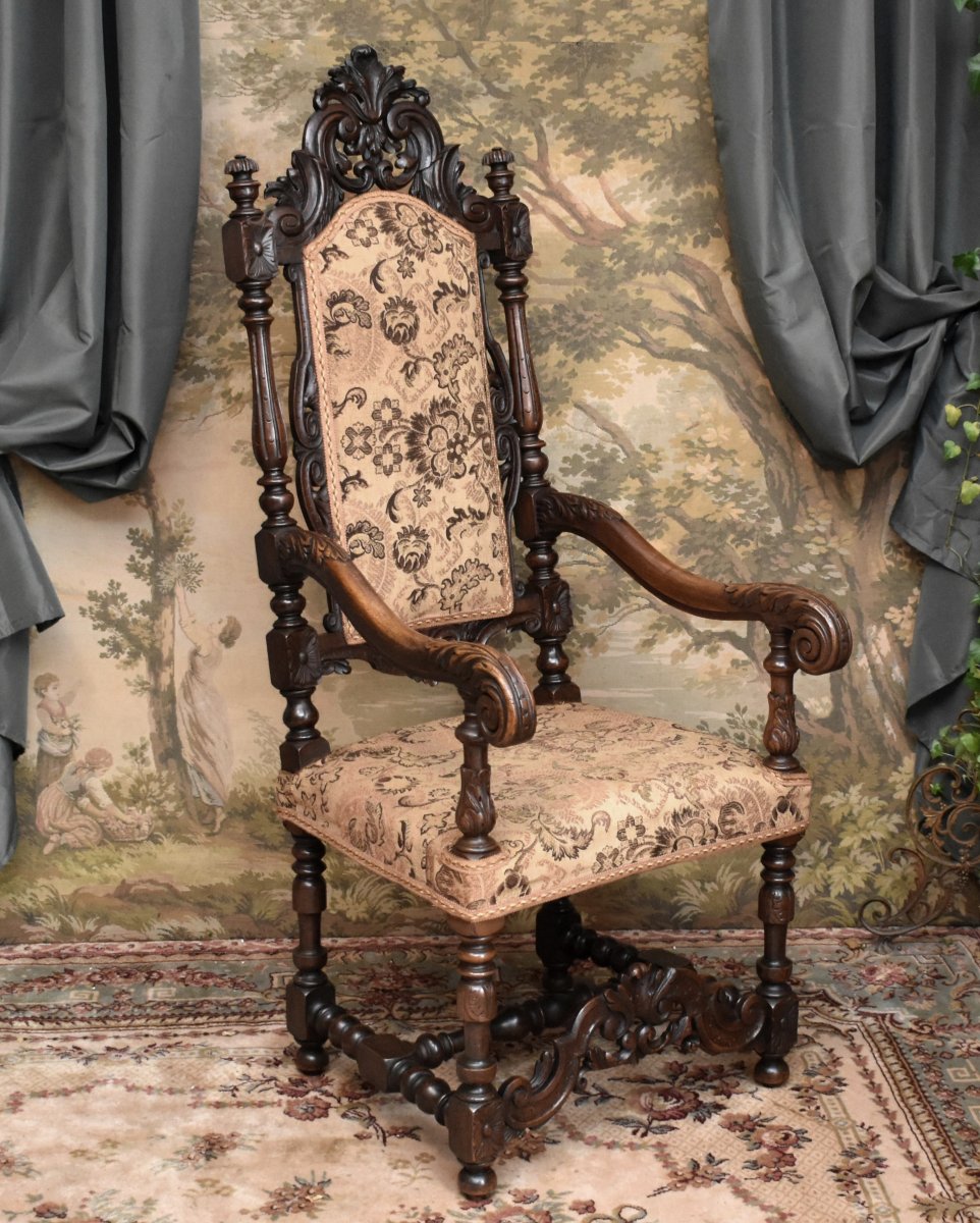 Important Ceremonial Armchair, Renaissance-louis XIII Style, Solid Walnut, 19th-century Seat