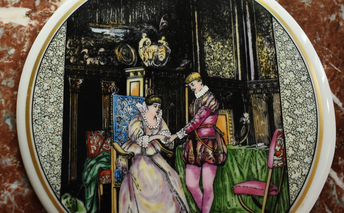 Decorative Limoges Porcelain Plate Signed By Martial, Gallant Scene, Renaissance Design, -photo-1