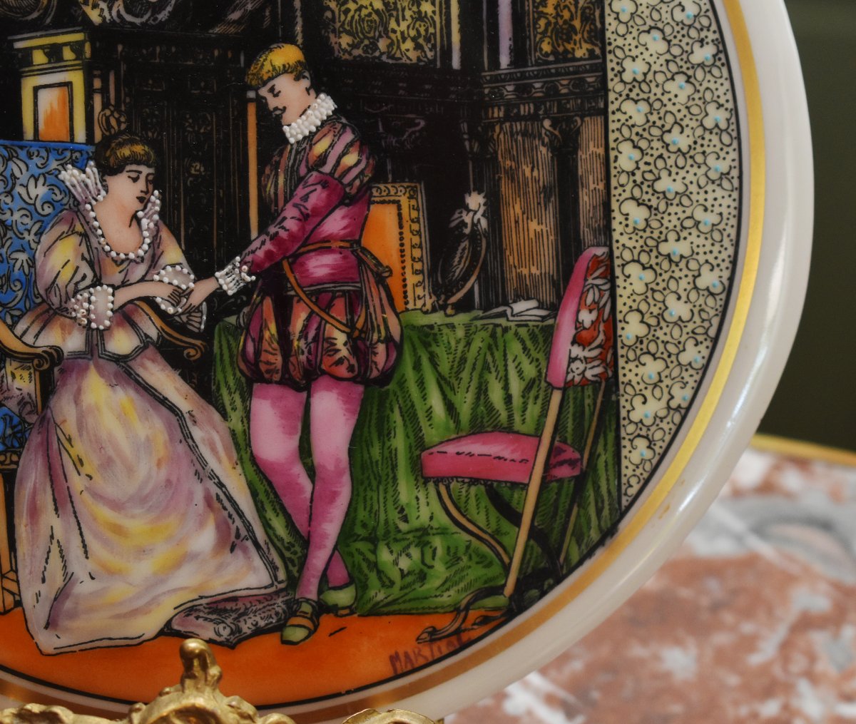 Decorative Limoges Porcelain Plate Signed By Martial, Gallant Scene, Renaissance Design, -photo-3
