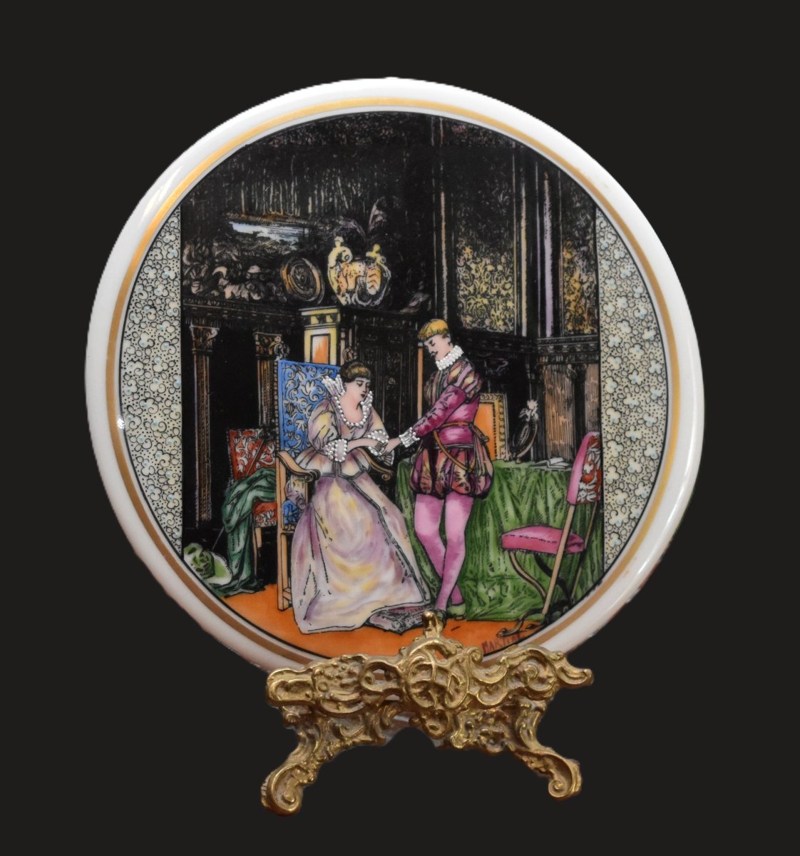 Decorative Limoges Porcelain Plate Signed By Martial, Gallant Scene, Renaissance Design, 