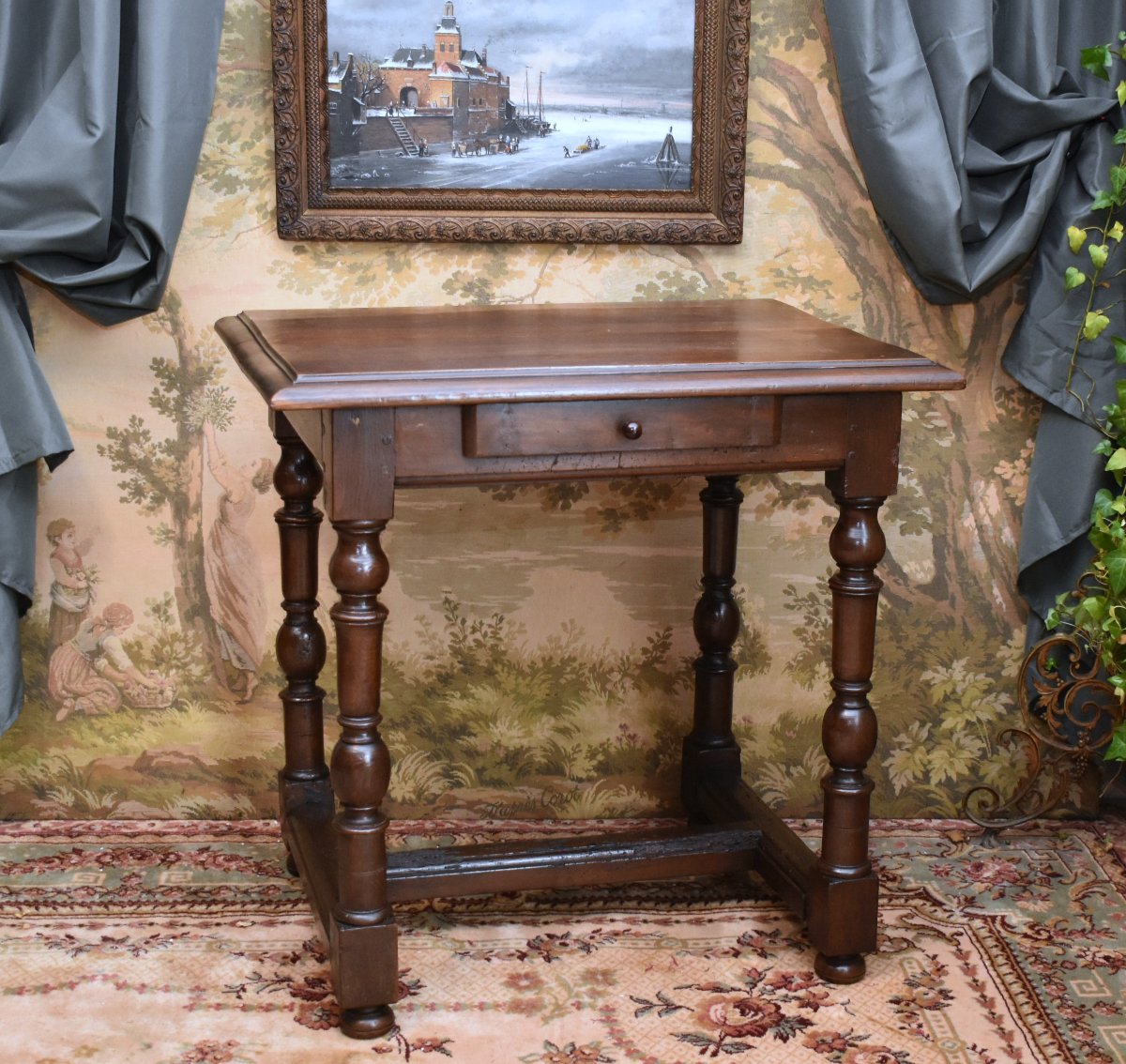 Small 18th-century Walnut Writing Table, 1-drawer Desk, Louis XIII – Louis XIV Style-photo-2