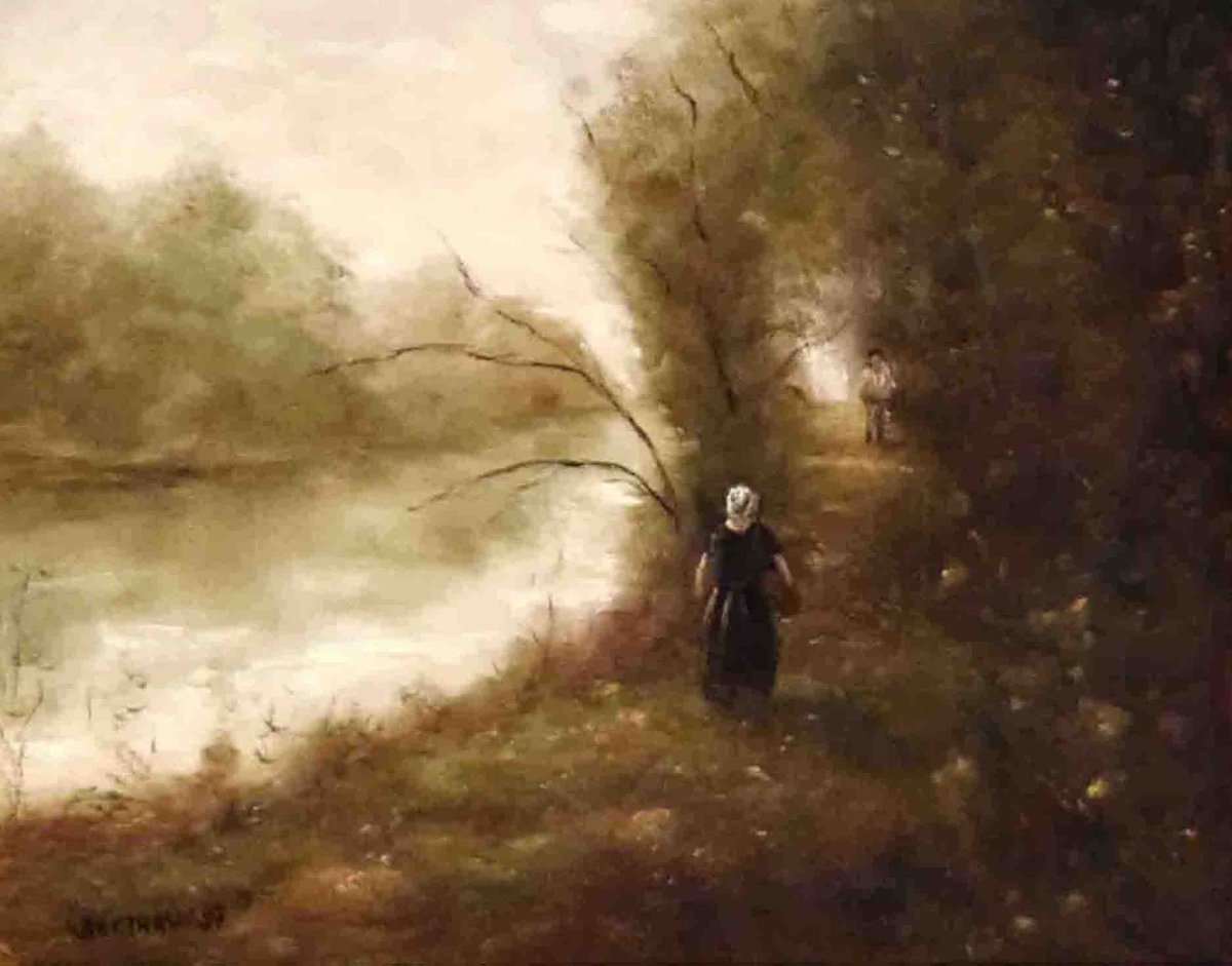 Berthaux, Lively Landscape: Riverbank And Woodland, In The Style Of The Barbizon School,  -photo-1