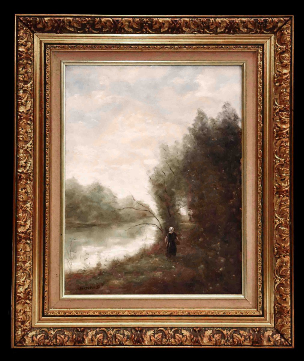 Berthaux, Lively Landscape: Riverbank And Woodland, In The Style Of The Barbizon School,  