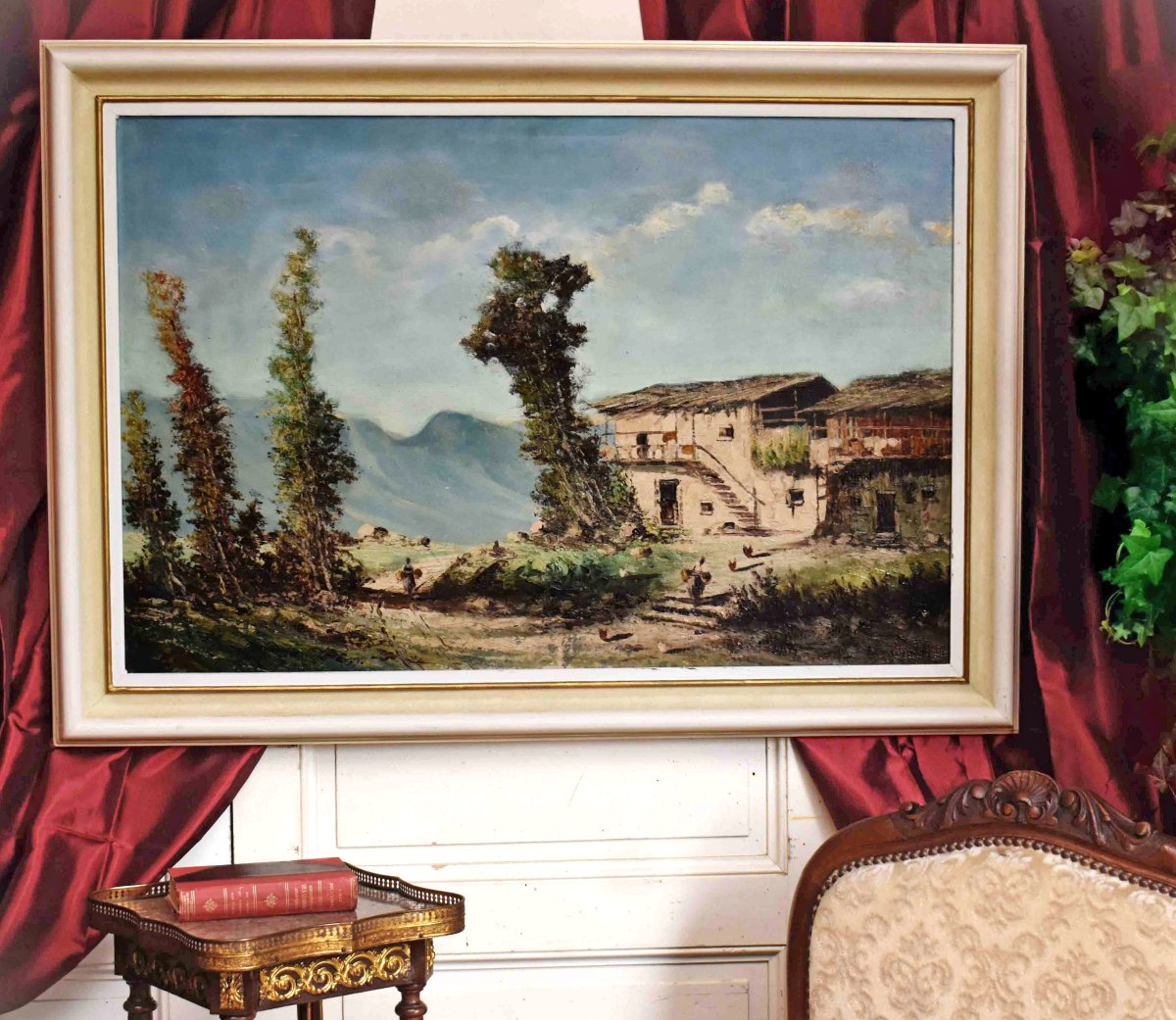 Percivaldi Ettoré, Large Painting, Scene Of A Busy Farmyard Against A Mountain Background  -photo-2