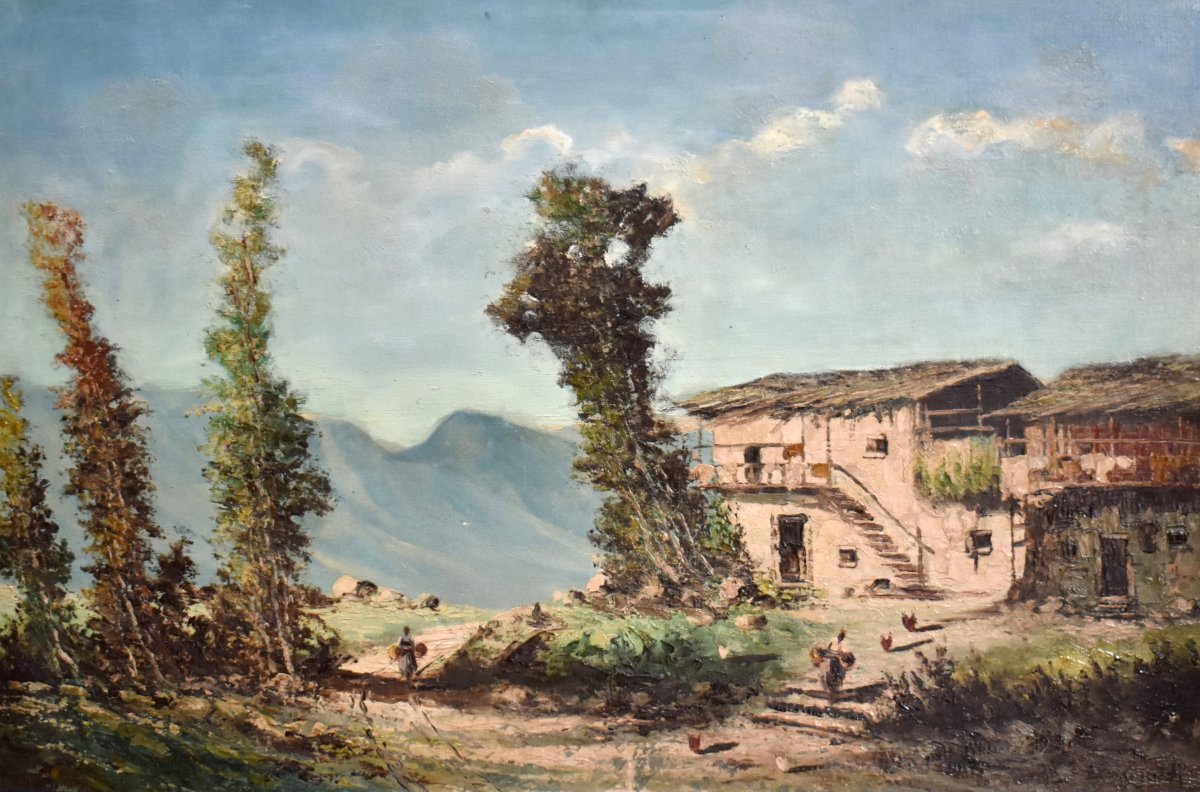 Percivaldi Ettoré, Large Painting, Scene Of A Busy Farmyard Against A Mountain Background  -photo-3