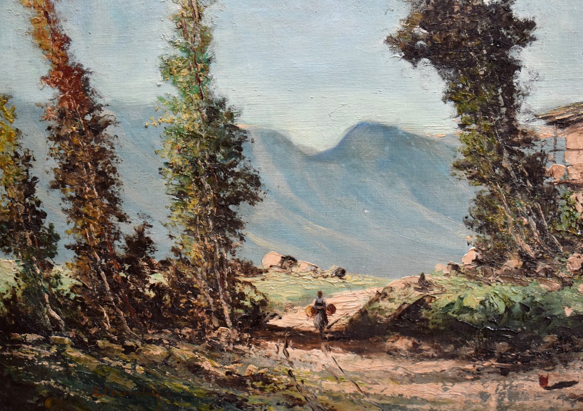 Percivaldi Ettoré, Large Painting, Scene Of A Busy Farmyard Against A Mountain Background  -photo-3