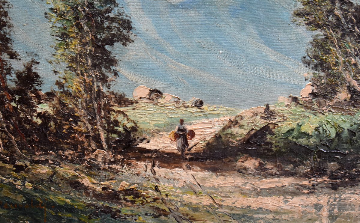 Percivaldi Ettoré, Large Painting, Scene Of A Busy Farmyard Against A Mountain Background  -photo-4