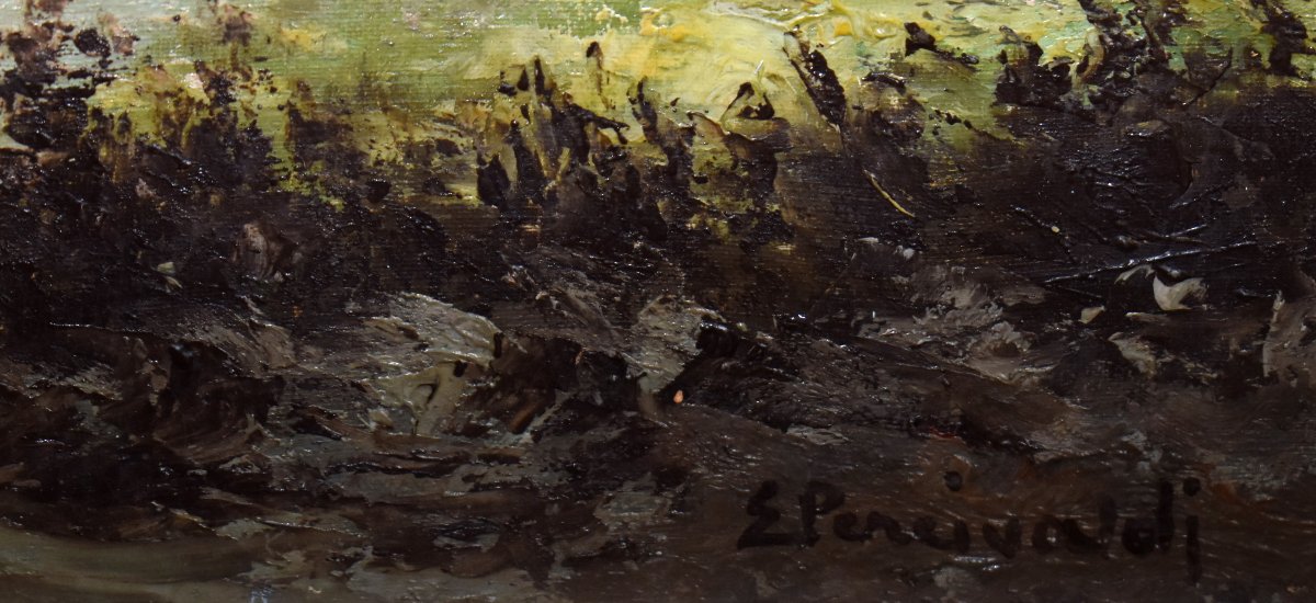 Percivaldi Ettoré, Large Painting, Scene Of A Busy Farmyard Against A Mountain Background  -photo-6
