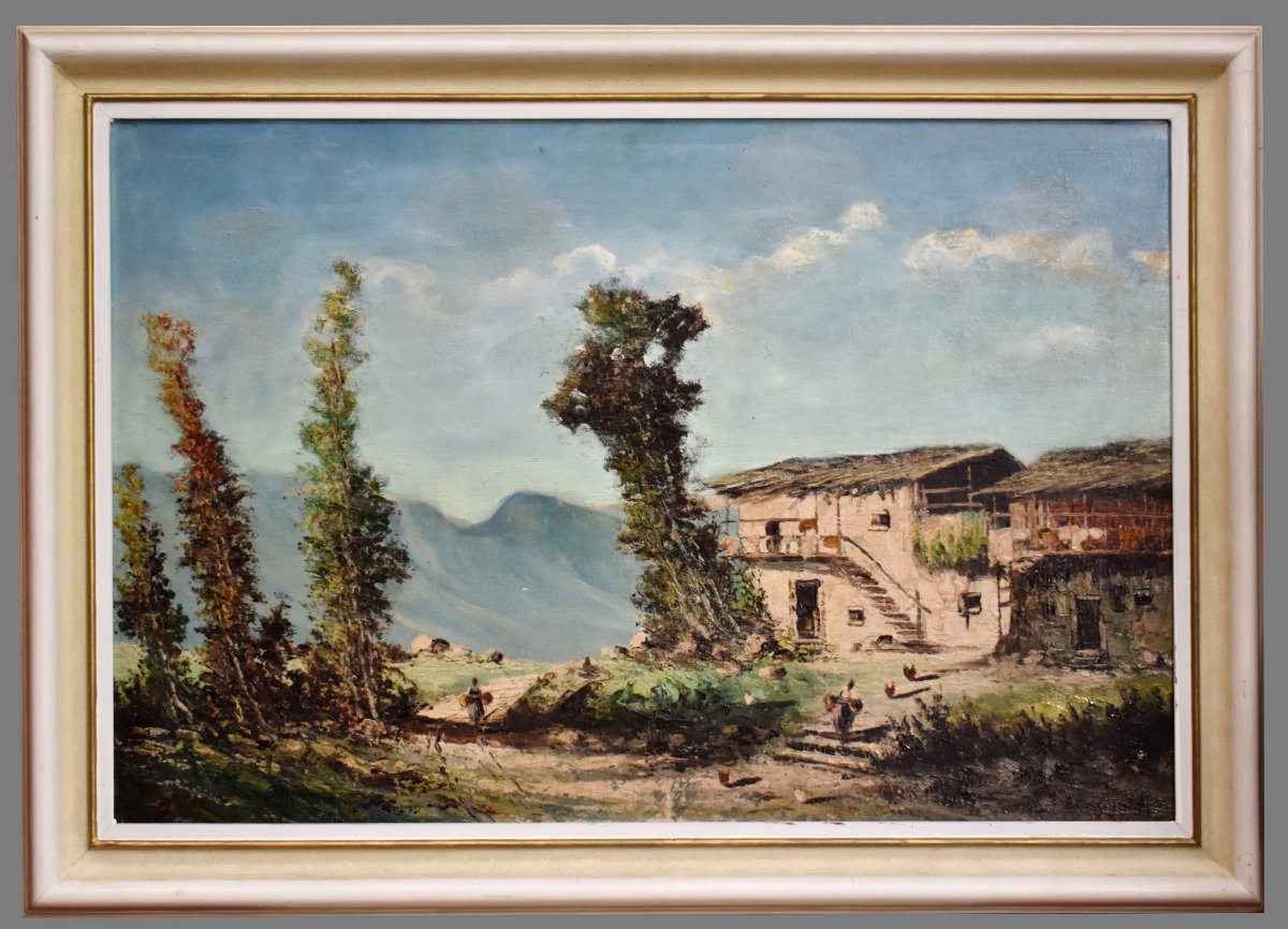 Percivaldi Ettoré, Large Painting, Scene Of A Busy Farmyard Against A Mountain Background  