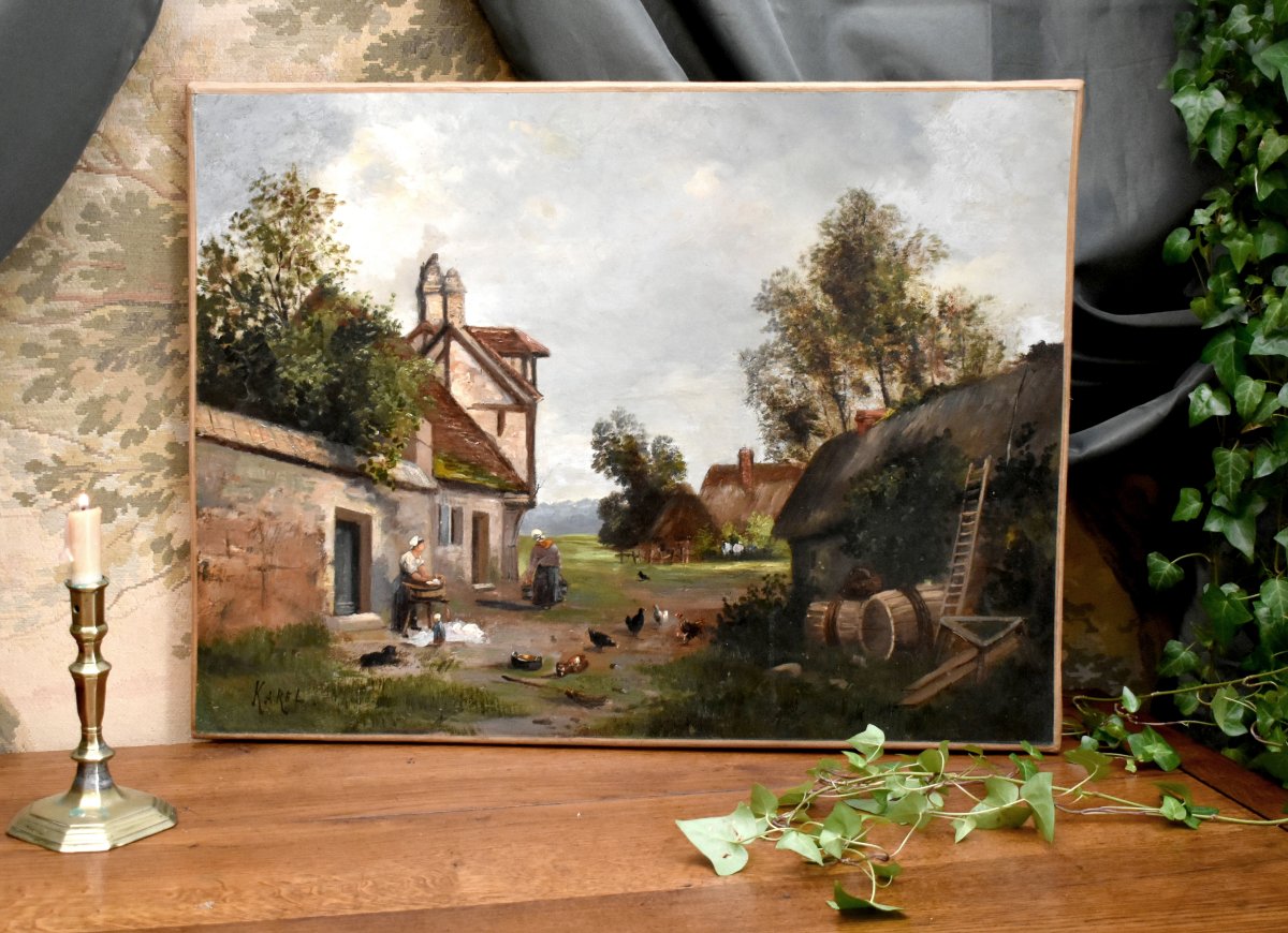 Karel. Painting: Lively Farmyard Scene,   Farmyard, Poultry, And People, Countryside.-photo-2