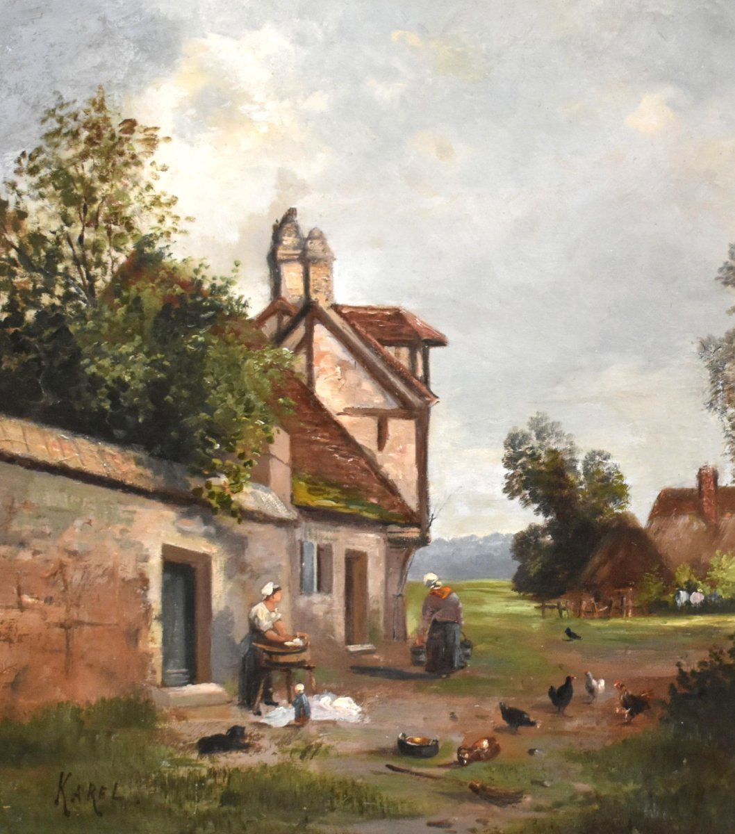 Karel. Painting: Lively Farmyard Scene,   Farmyard, Poultry, And People, Countryside.-photo-4
